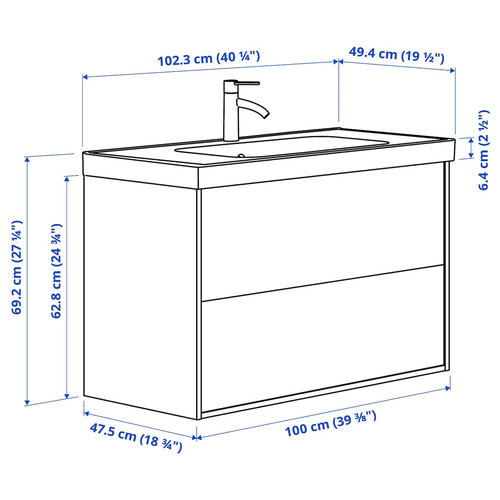 TÄNNFORSEN / ORRSJÖN Wash-stnd w drawers/wash-basin/tap, white, 102x49x69 cm