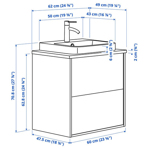 ÄNGSJÖN / BACKSJÖN Wash-stnd w drawers/wash-basin/tap, brown oak effect/white marble effect, 62x49x71 cm