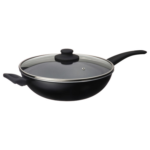 HEMLAGAD Wok with lid, non-stick coating black, 28 cm