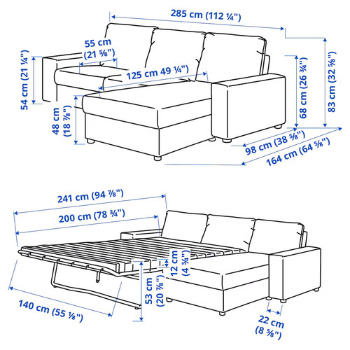VIMLE 3-seat sofa-bed with chaise longue, with wide armrests Gunnared/medium grey