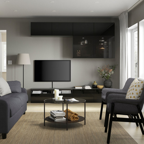 BESTÅ TV storage combination/glass doors, black-brown/Selsviken high-gloss/black smoked glass, 240x42x231 cm