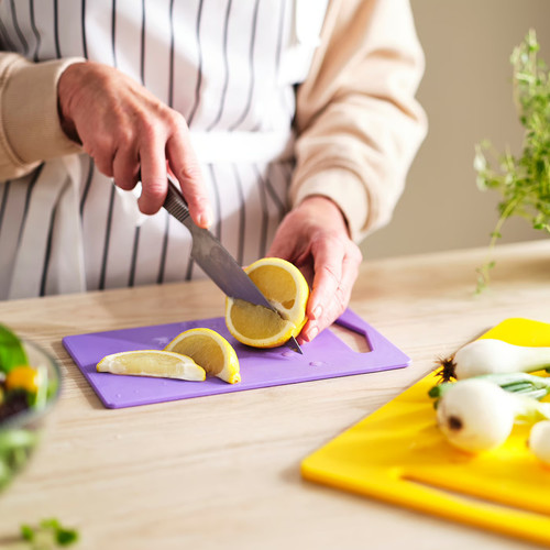 BERGTUNGA Chopping board, set of 2, bright yellow/lilac
