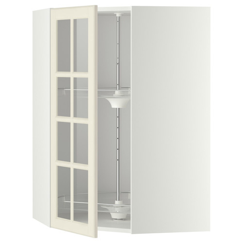 METOD Corner wall cab w carousel/glass dr, white/Bodbyn off-white, 68x100 cm