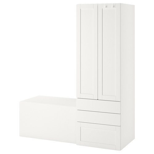 SMÅSTAD / PLATSA Storage combination, white with frame/with bench, 150x57x181 cm