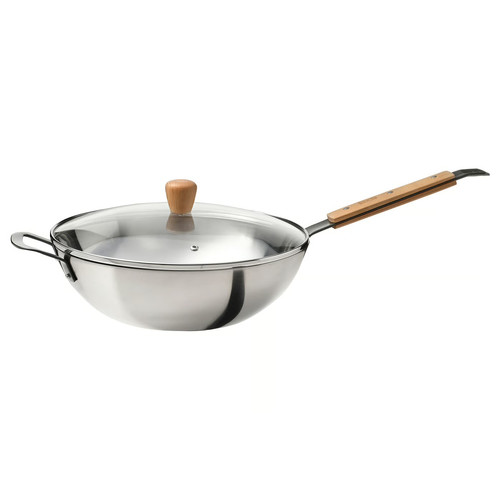 VARDAGEN Wok with lid, glass/carbon steel beech, 32 cm
