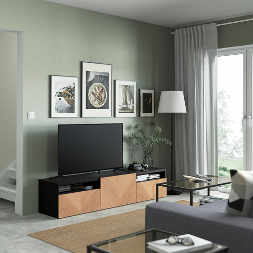 BESTÅ TV bench with drawers and door, black-brown/Hedeviken oak veneer, 180x42x39 cm