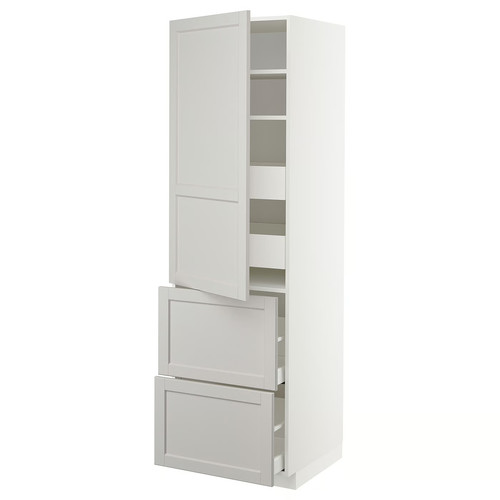 METOD / MAXIMERA Hi cab w shlvs/4 drawers/dr/2 frnts, white/Lerhyttan light grey, 60x60x200 cm
