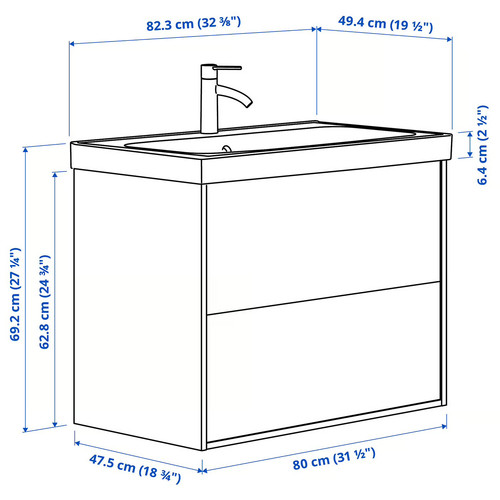 TÄNNFORSEN / ORRSJÖN Wash-stnd w drawers/wash-basin/tap, light grey, 82x49x69 cm
