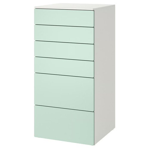 SMÅSTAD / PLATSA Chest of 6 drawers, white/light green, 60x57x123 cm