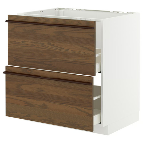 METOD/MAXIMERA Base cab f sink+2 fronts/2 drawers, white/Stensta dark brown ash veneer, 80x60 cm
