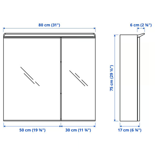 TREASJÖN Mirror cab 2 door/built-in lighting, 80x17x75 cm