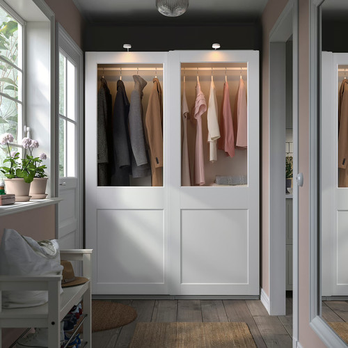 PAX / GRIMO Wardrobe with sliding doors, white/clear glass white, 150x66x201 cm