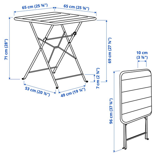 SUNDSÖ Table and 2 folding chairs, outdoor dark blue/dark blue Kuddarna light grey-beige, 65x65 cm