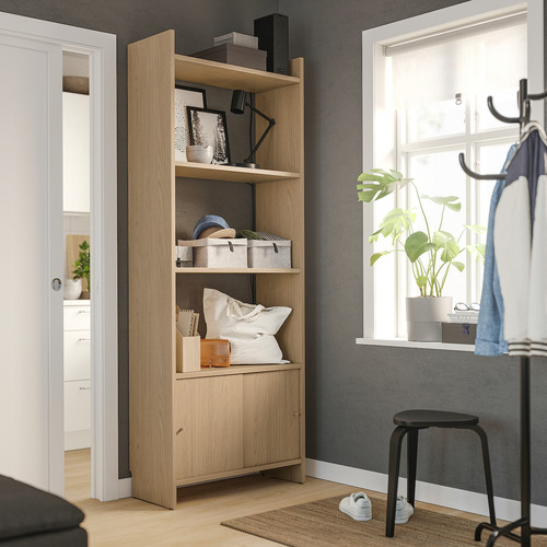 LÅDMAKARE Storage combination w sliding doors, with 3 shelves/oak effect, 81x35x212 cm