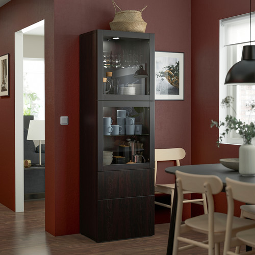 BESTÅ Storage combination w/glass doors, black-brown, Lappviken black-brown, clear glass, 60x42x192 cm