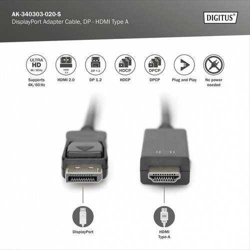 Digitus DisplayPort Adapter Cable, DP - HDMI type A 2m, black