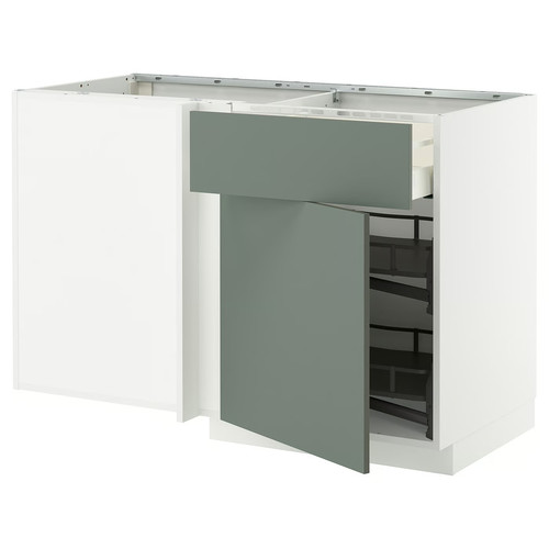 METOD / MAXIMERA Corner base cab w drawer and p-out, white/Nickebo matt grey-green, 128x68 cm