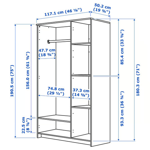 BRIMNES Wardrobe with 3 doors, white, 117x190 cm