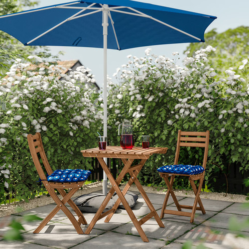 ASKHOLMEN Table+2 folding chairs, outdoor, foldable dark brown/Klösan dark blue, 60x62 cm