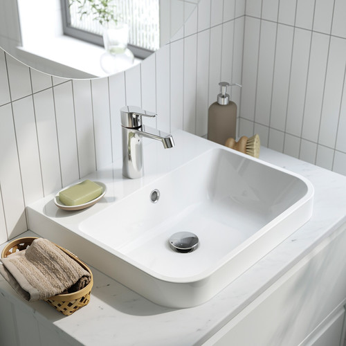 ÄNGSJÖN / BACKSJÖN Wash-stnd w drawers/wash-basin/tap, brown oak effect/white marble effect, 102x49x71 cm