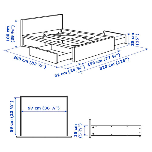 MALM Bed frame, high, w 4 storage boxes, white stained oak veneer, Lönset, 180x200 cm