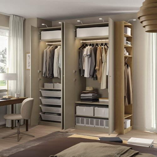 PAX / FORSAND Wardrobe combination, grey-beige grey-beige/oak effect, 220x60x236 cm