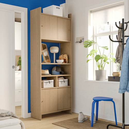 LÅDMAKARE Storage combination w sliding doors, with 1 shelf insert/oak effect, 81x35x212 cm