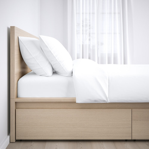MALM Bed frame, high, w 4 storage boxes, white stained oak veneer, Luröy, 180x200 cm