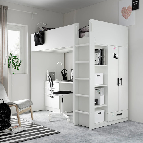 SMÅSTAD Loft bed, white with frame/with desk with 4 drawers, 90x200 cm