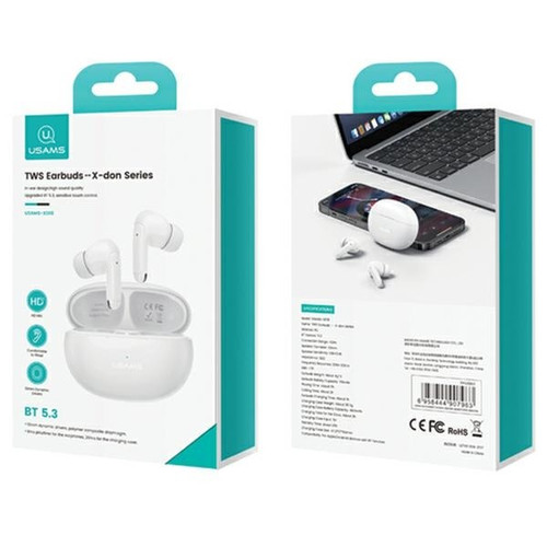 USAMS Headphones Earphones Bluetooth TW S 5.3 X-Don Dual Mic, white
