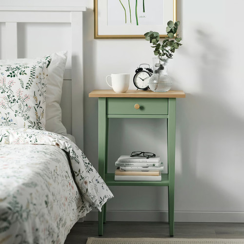HEMNES Bedside table, grey-green/light brown stained, 46x35 cm