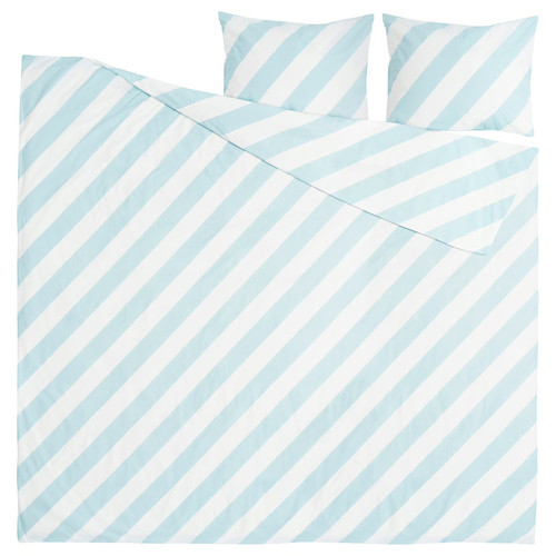 SLÖJSILJA Duvet cover and 2 pillowcases, light blue/white/stripe, 200x200/50x60 cm