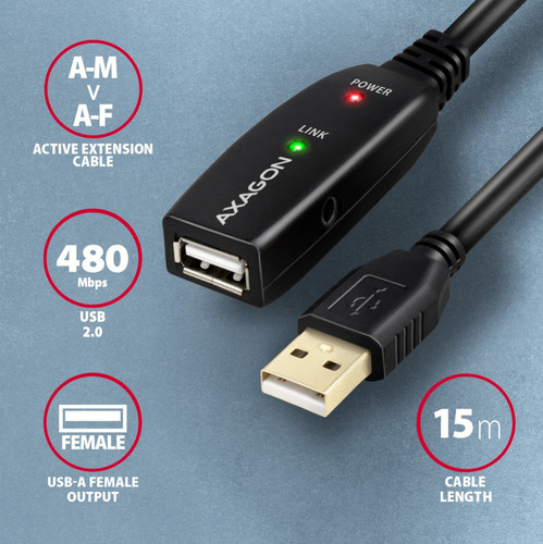 AXAGON USB Cable ADR-215 USB 2.0 A-M -> A-F act 15m