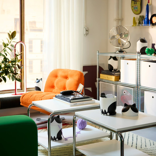 GREJSIMOJS Storage with lid, cat-shaped black/white