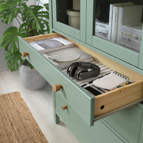 HEMNES Storage combination w doors/drawers, grey-green/light brown stained, 180x197 cm