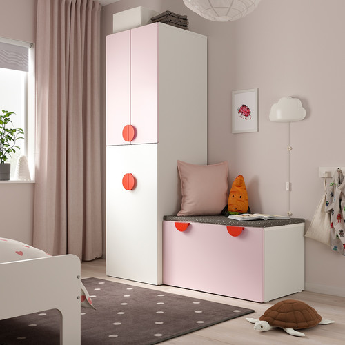 SMÅSTAD Wardrobe with pull-out unit, white pale pink/with storage bench, 150x57x196 cm