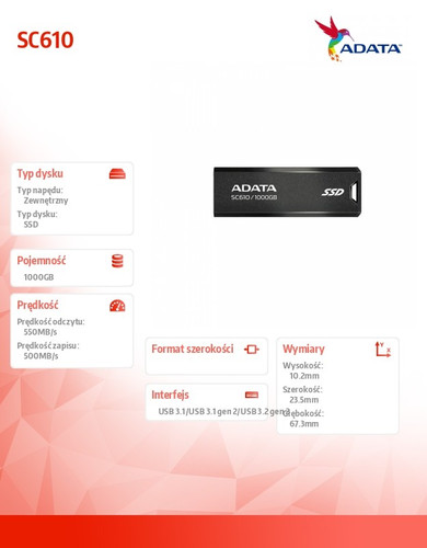 Adata External SSD SC610 1000 GB USB3.2A Gen2 Black