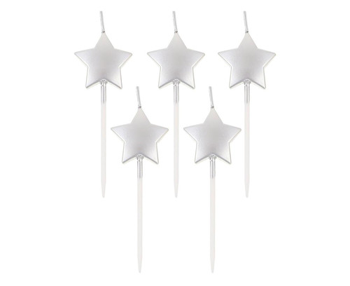 Birthday Picks Candles Stars, metallic silver, 5pcs