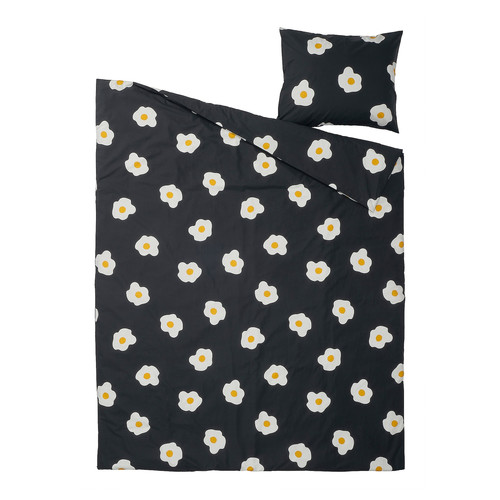 ÖGONLOCKSMAL Duvet cover and pillowcase, black/white/yellow, 150x200/50x60 cm