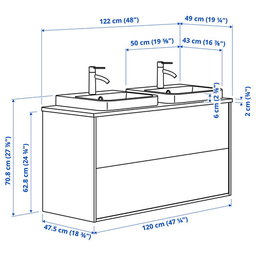 ÄNGSJÖN / BACKSJÖN Wash-stnd w drawers/wash-basin/taps, high-gloss white/black marble effect, 122x49x71 cm