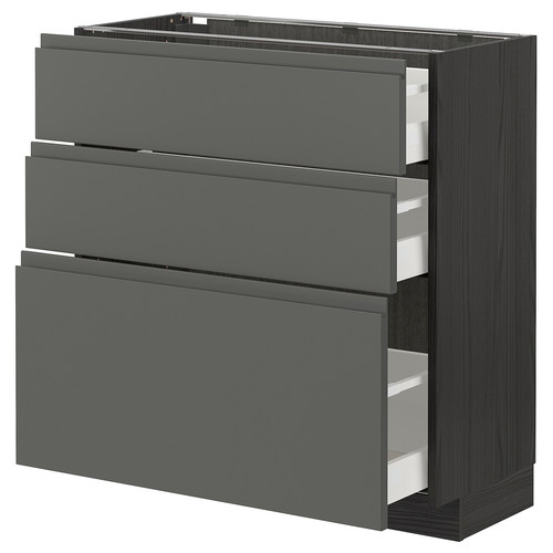 METOD / MAXIMERA Base cabinet with 3 drawers, black, Voxtorp dark grey, 80x37 cm