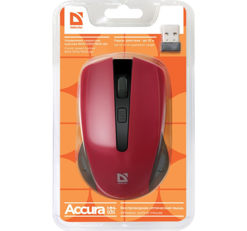 Defender Accura Optical Wireless Mouse 4 Buttons, 800-1600DPI MM-935, red