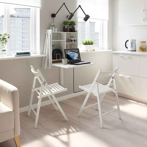 NORBERG Wall-mount drop-leaf tbl w storage, white, 64x60 cm