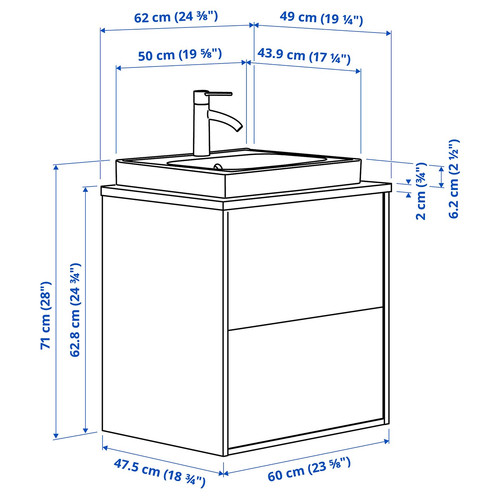 HAVBÄCK / ORRSJÖN Wash-stnd w drawers/wash-basin/tap, beige/black marble effect, 62x49x71 cm