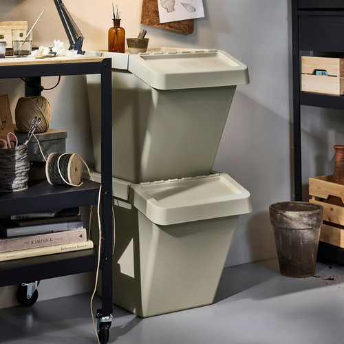 SORTERA Sorting bin with lid, beige, 60 l
