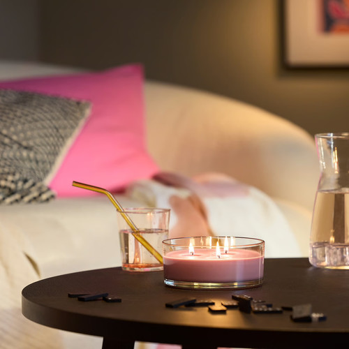 LOTSFÅGEL Scented candle in glass, 3 wicks, Red berries light pink, 25 hr