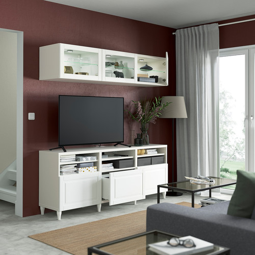 BESTÅ TV storage combination/glass doors, white/Smeviken/Kabbarp white clear glass, 180x42x192 cm