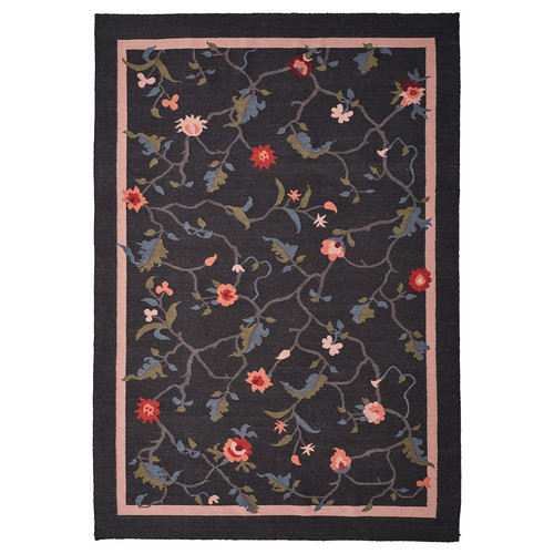 KLOCKBUSKE Rug, flatwoven, dark grey/flower, 160x230 cm