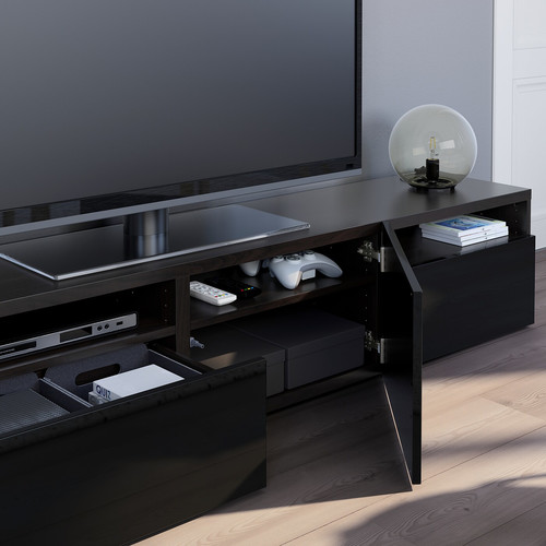 BESTÅ TV bench, black-brown, Selsviken high-gloss/black, 180x42x39 cm