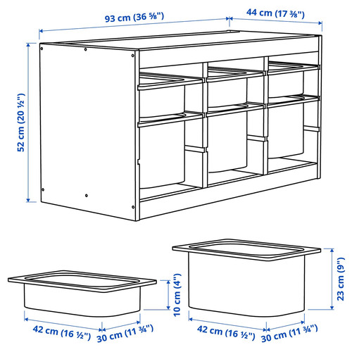 TROFAST Storage combination with boxes, light white stained pine grey-blue/dark grey, 93x44x52 cm